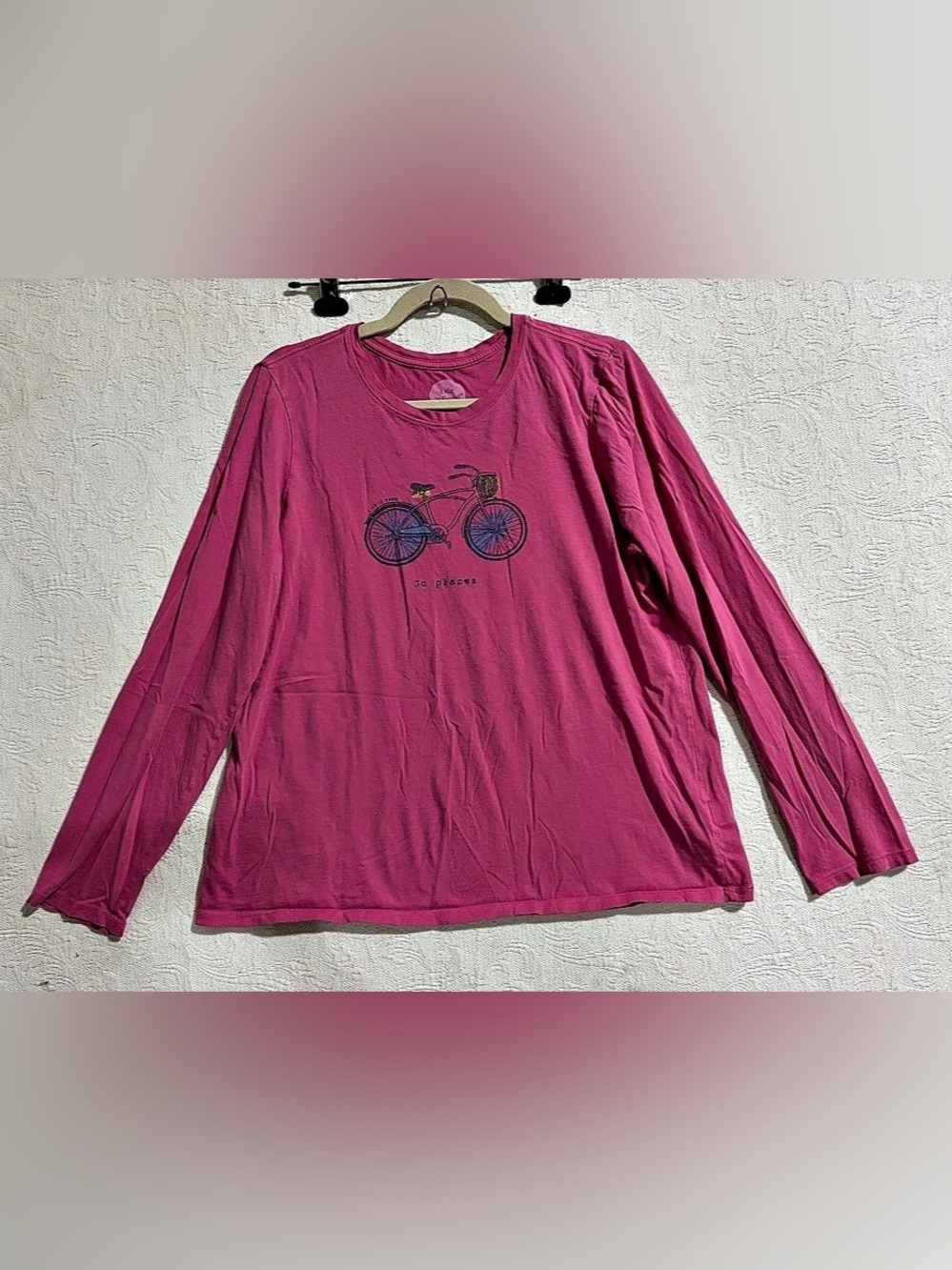 Life is Good Classic Fit Long Sleeve Bicycle Tee Go Places in Pink Size Large